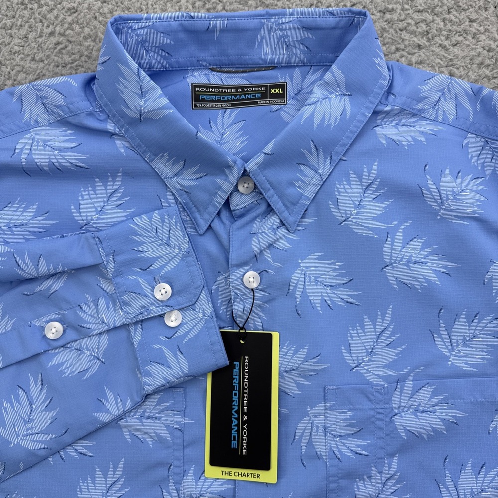 Roundtree & Yorke Performance Shirt Mens XXL Blue Floral Vented Long Sleeve
